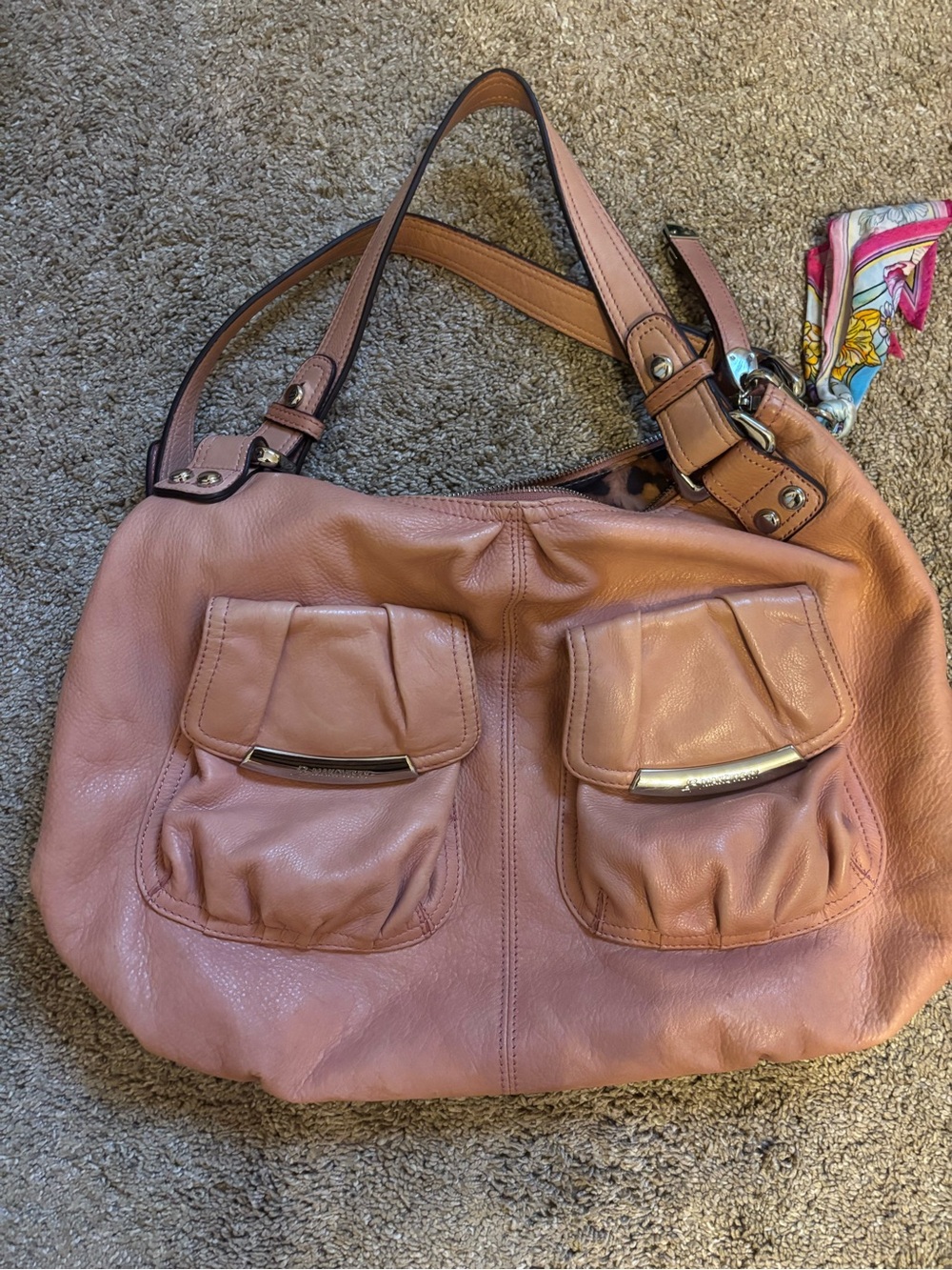 b. makowsky Pink Leather Shoulder Bag with Front Flap Pockets